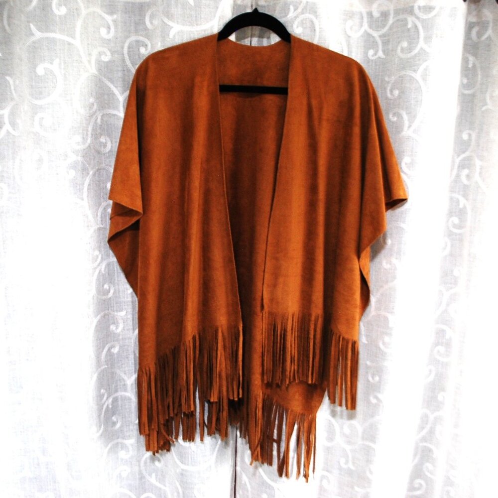 Fringe Fringe Fringe Shawl Faux Suede in Brown One Size